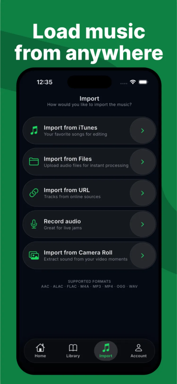 SplitStem import screen with options to import from iTunes, Files, URL, microphone recording, and camera roll