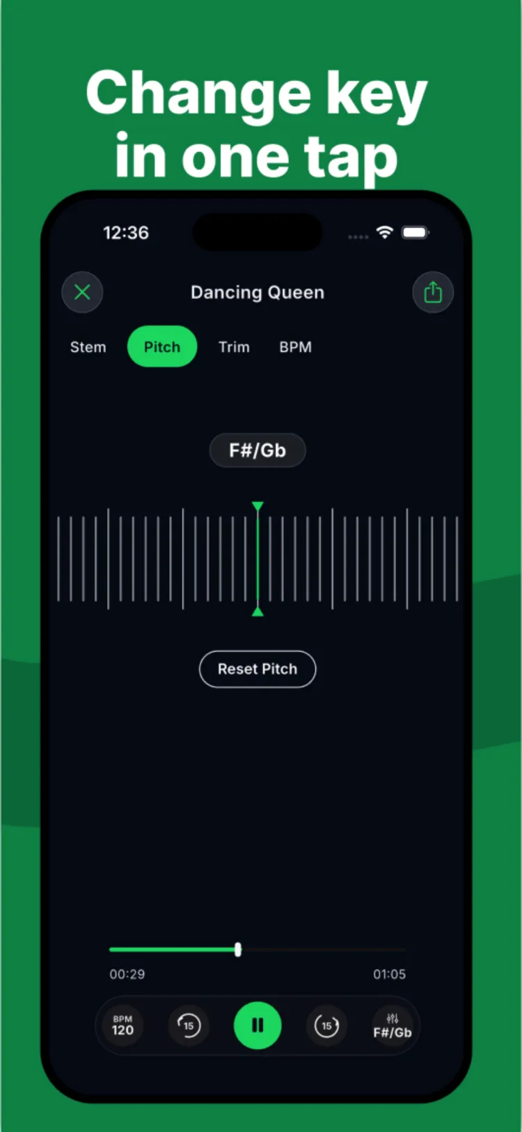 SplitStem pitch editor showing a key selector and pitch shift control for a loaded song